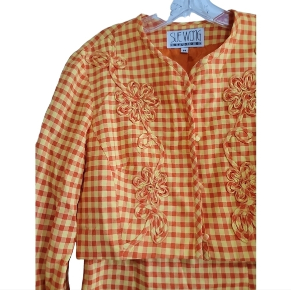 Sue Wong 90s Y2K Clueless Mini Dress Cropped Jacket Set Orange Yellow Gingham - Picture 4 of 10